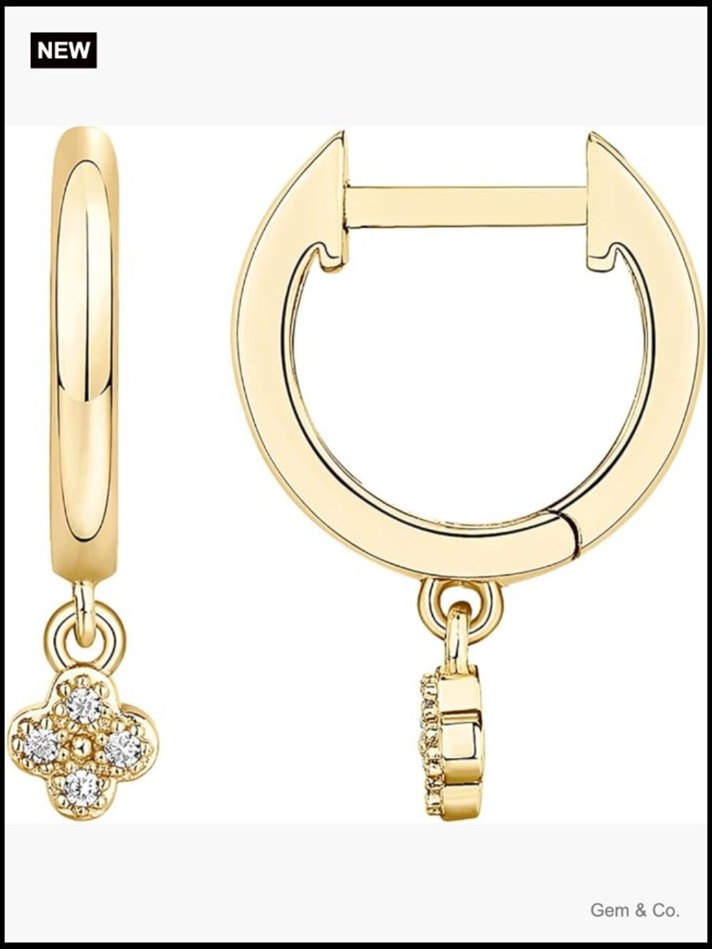 14K Gold Plated Huggie Hoop Dangle Earrings with Cubic Zirconia Clover Charm